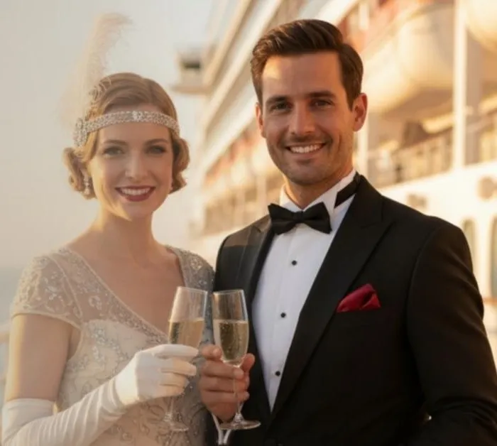 Two guests in 1920s evening dress raising champagne glasses on the deck of a cruise ship