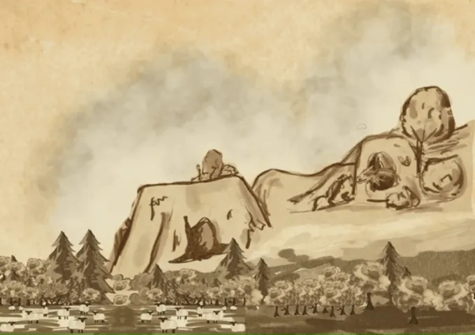 Sepia illustration of a sleeping dragon curled along a ridge above the fields and cottages of Ashmere