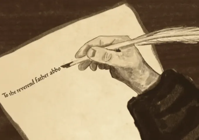 Sepia illustration of a hand writing "To the reverend father abbot" on vellum with a quill