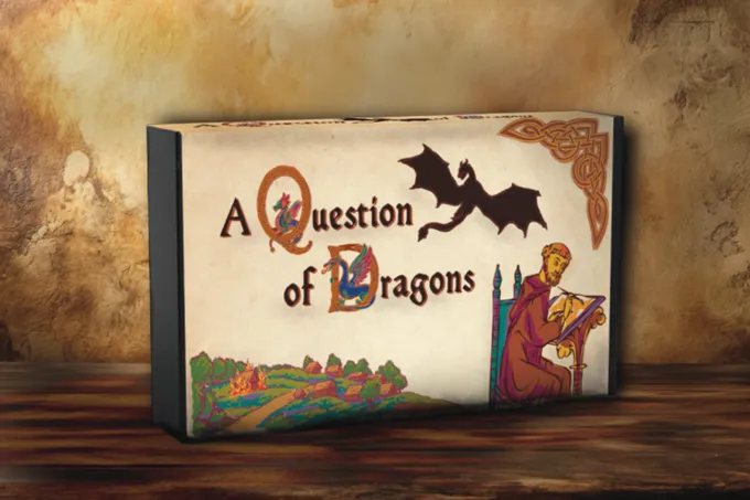 A Question of Dragons — the case-file box, its lid illustrated with a dragon in flight and a monk at his writing desk