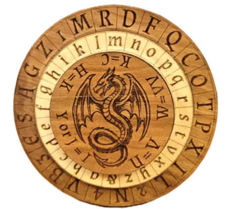 The wooden Alberti cipher wheel, its two lettered rings engraved around a coiled dragon